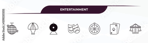 Fototapeta fully editable outline icon collection from entertainment concept. thin line icons set such as disco, paraplane, lottery game, card game, carousel,