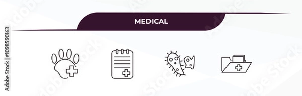 Fototapeta fully editable outline icon collection from medical concept. thin line icons set such as canine, notepad, bacteria, medical results folders,