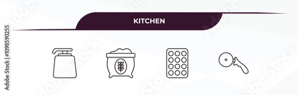 Fototapeta fully editable outline icon collection from kitchen concept. thin line icons set such as liquid soap, flour, muffin pan, pizza cutter,