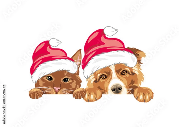 Obraz Peeking ginger cat and Border Collie dog in Santa hats