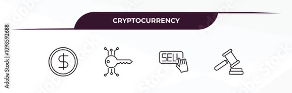 Fototapeta fully editable outline icon collection from cryptocurrency concept. thin line icons set such as dollar, digital key, sell, auction hammer,