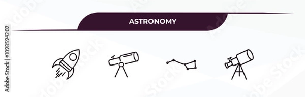 Fototapeta fully editable outline icon collection from astronomy concept. thin line icons set such as rocket start, telescope pointing up, big dipper, big telescope,