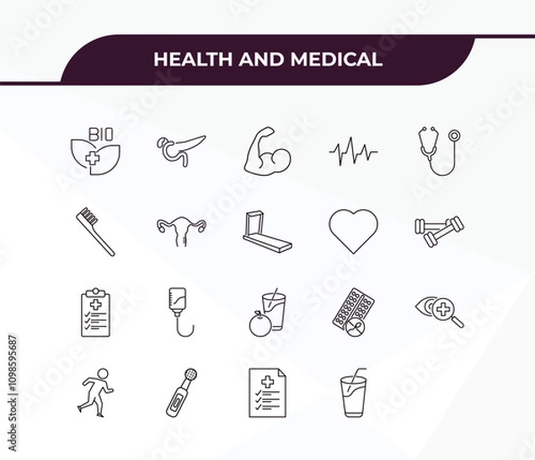 Fototapeta fully editable outline icon collection from health and medical concept. thin line icons set such as bio, pancreas, dumbbells, medical file, juice,
