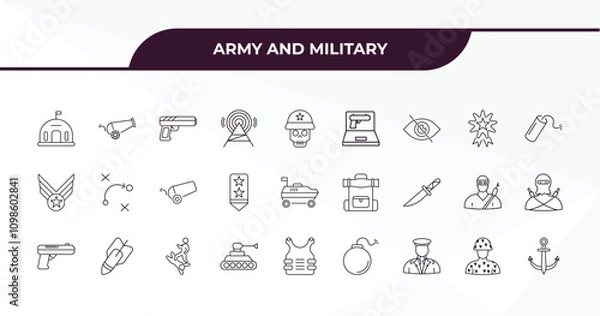 Fototapeta fully editable outline icon collection from army and military concept. thin line icons set such as bunker, artillery, medal, conscription, naval,
