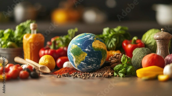 Fototapeta A vibrant display of fresh produce surrounding a globe, symbolizing global nutrition and sustainable eating.