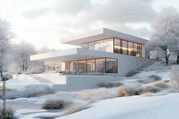 Fototapeta 3D rendering of a modern house with blueprints and a landscape in the background