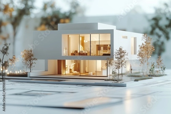 Obraz 3D rendering of a modern house plan with a white building and blueprints in the background