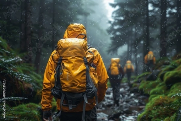 Fototapeta Adventurous Hikers in Vibrant Yellow Rain Jackets Traversing a Misty Forest Trail During a Light Rain, Surrounded by Lush GreeneryHiking