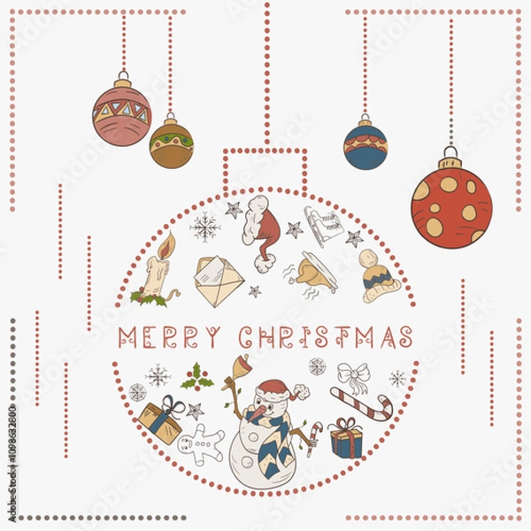 Fototapeta Christmas colored contour illustration in the style of childrens doodles Christmas design elements in a Christmas ball a Snowman with a bell