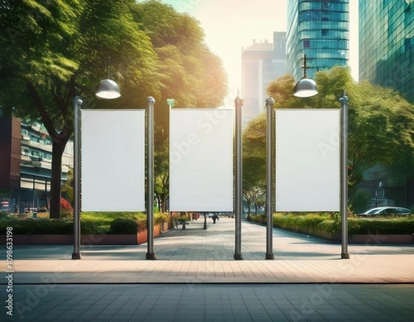 Fototapeta hanging posters by the road in the city blank vertical advertising banners on street lampposts against lush green trees and plants for ooh out of home template mock up generative ai