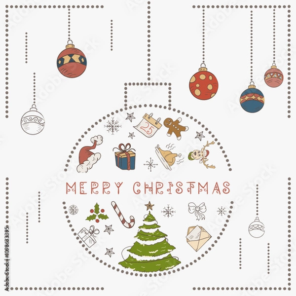 Fototapeta Christmas colored contour illustration in the style of childrens doodles Christmas design elements in a Christmas ball festive fir tree