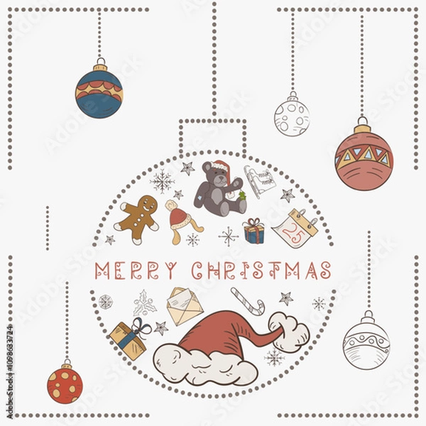 Fototapeta Christmas colored contour illustration in the style of childrens doodles Christmas design elements in a Christmas ball Santa Claus Hat