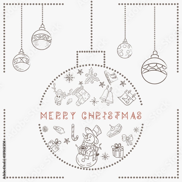 Fototapeta Christmas contour illustration in the style of childrens doodles Christmas design elements in a Christmas ball a snowman holding a gift