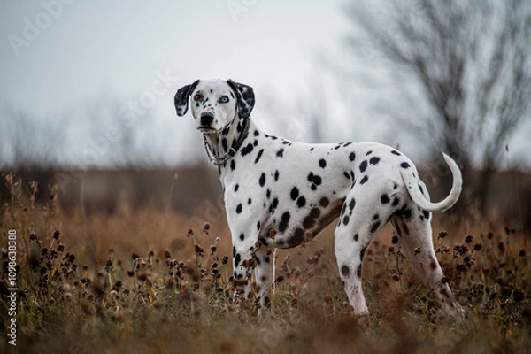 Fototapeta Dalmatian dog standing in an autumn field in quebec canada