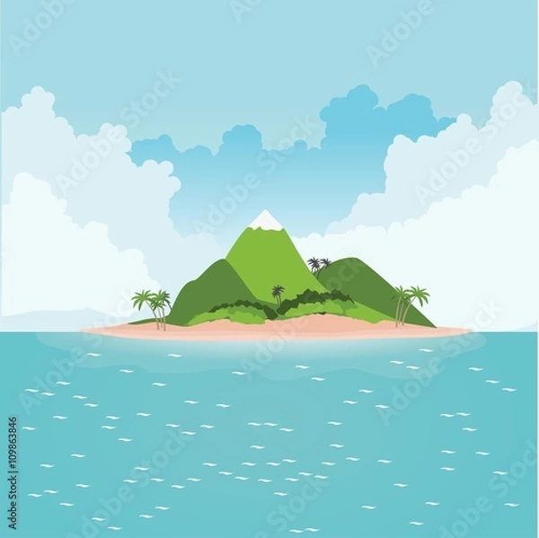 Obraz Tropical island in ocean with palm trees and mountains