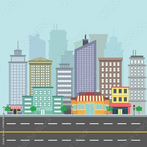 Obraz City street view with buildings and skyscrappers