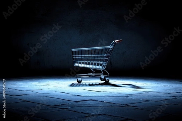 Obraz Shopping cart stands alone on a dimly lit surface creating a mysterious atmosphere at night