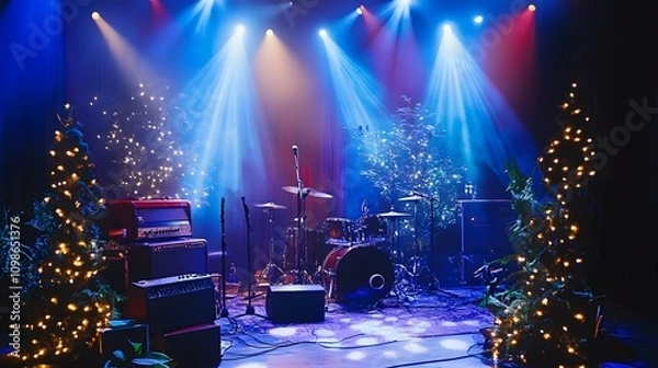 Fototapeta Festive stage setup with musical instruments, Christmas trees, and colorful lighting.