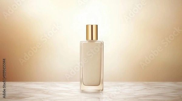 Obraz Elegant Clear Perfume Bottle with Golden Lid on Marble Surface Against Soft Golden Background for Beauty and Fragrance Promotions