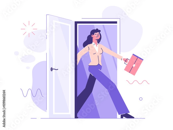 Fototapeta A young woman in a business suit walks confidently through the door. New features. Career prospects. Recruiting. A new candidate for the position. Promotion. Work in the office. Vector illustration.