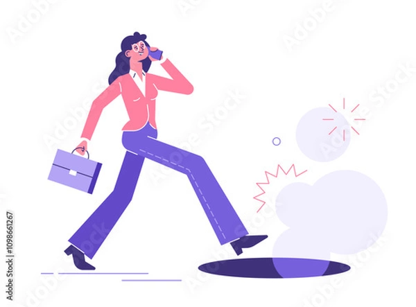 Fototapeta The girl is walking down the street, talking carelessly on the phone, not noticing the open manhole. Unexpected problems. Unforeseen difficulties. Life and health insurance. Financial losses. Vector.
