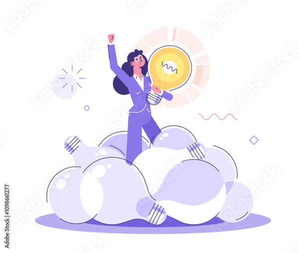 Fototapeta A smiling girl is standing in a pile of bulbs and holding a glowing bulb in her hand. Emergence of an idea. Brainstorm. Creative Ideas, inspiration, innovation, researching, designing. Vector.