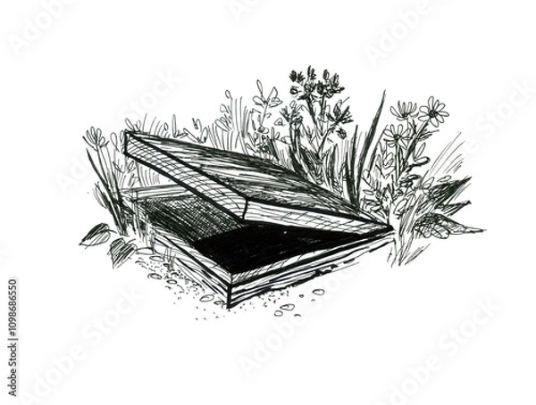 Obraz A graphic image of a half-open wooden lid of an underground cellar.. Black and white vintage sketch. Hand drawn vintage cellar isolated. Sketch vector illustration drawn in engraving style
