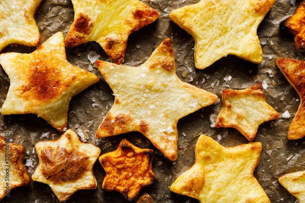 Obraz Baked star-shaped potatoes on baking paper, top view. Christmas food idea