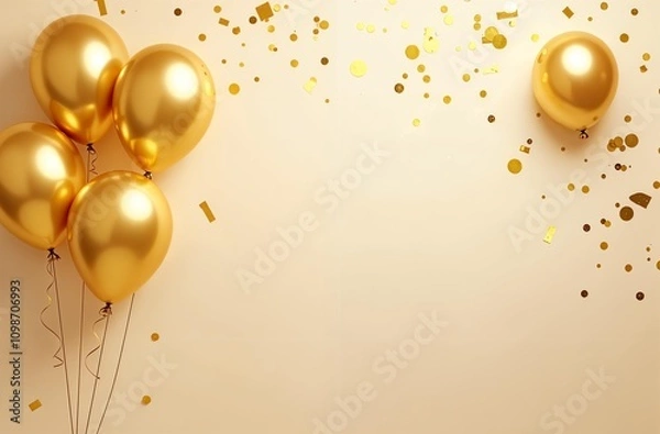 Fototapeta Beige background with scattered confetti and golden balloons. Banner for holiday party or greeting card with copy space for text