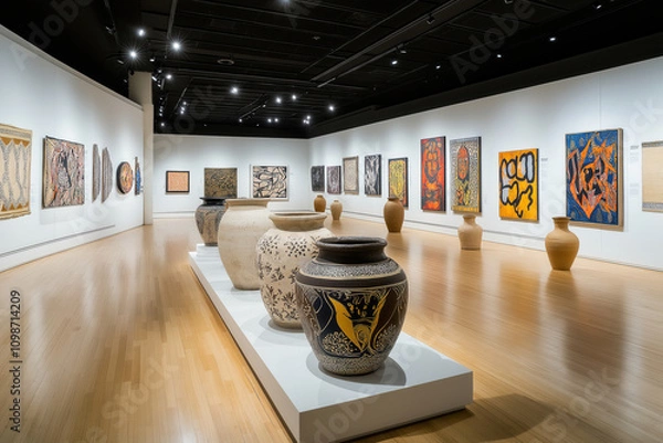 Fototapeta Visit a modern art gallery that beautifully showcases a diverse collection of pottery and vibrant textile artworks