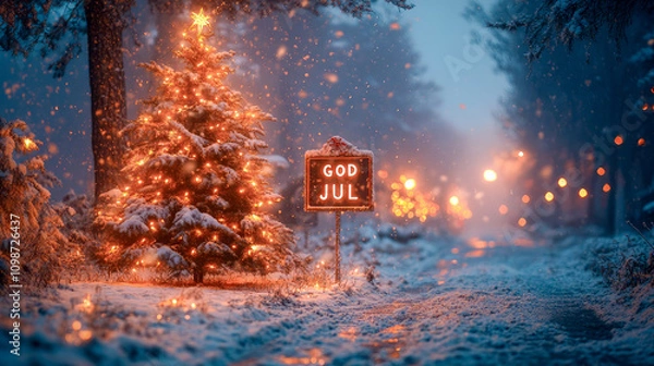 Fototapeta A glowing "God Jul" sign shines brightly on a snowy Scandinavian street, surrounded by green Christmas decorations, creating a festive and cozy holiday atmosphere.
