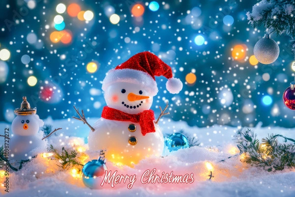 Fototapeta Artistic snowy festive scene showcasing "Merry Christmas," blending elegance, holiday cheer, and winter wonder.