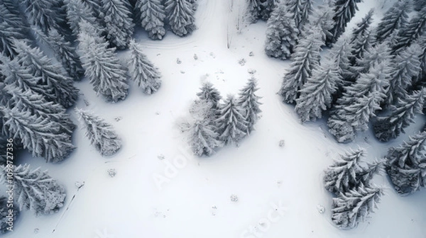 Obraz aerial view of snow-covered evergreen forest in winter