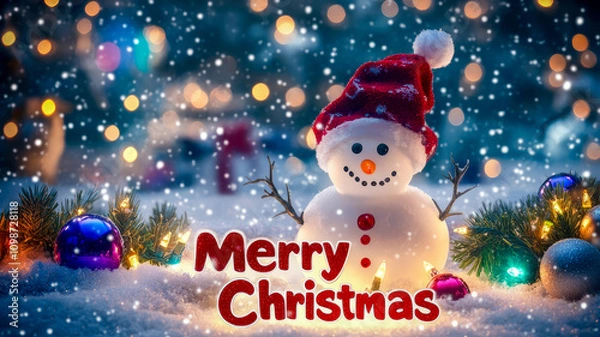 Fototapeta Graceful "Merry Christmas" message set against a snowy festive backdrop, surrounded by winter charm and holiday cheer.
