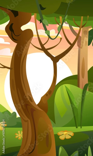 Fototapeta Sun in summer forest. View of trees. Scenery Landscape. Fun cartoon style. Vector