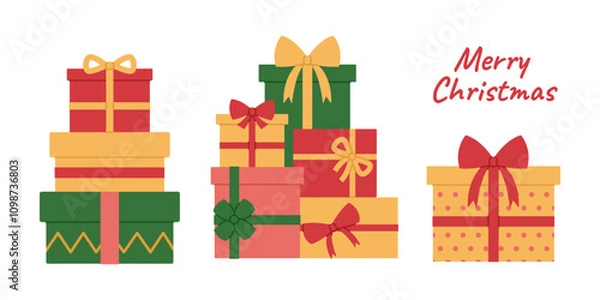 Fototapeta Set of Christmas gift boxes with ribbons and bows. Holiday presents stacks in red, yellow and green colors. Heaps of surprises. Vector flat illustration isolated on white background
