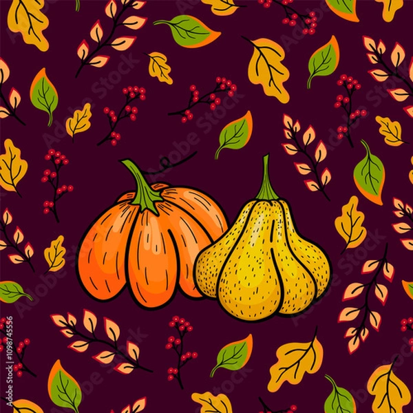 Fototapeta Seamless autumn pattern. Hand drawn yellow and orange pumpkins and bright leaves on dark violet background. Design for Halloween holiday costume, greeting card, banner, party invitation. 