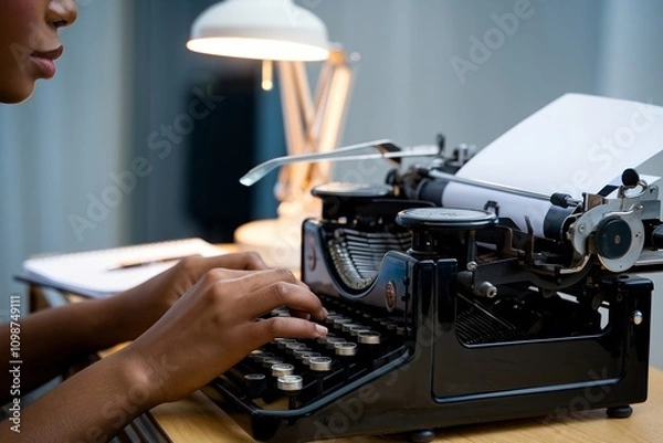 Obraz Young Black Woman Typing on a Vintage Typewriter. Retro Office Setting with Classic Equipment, Emphasizing the Art of Writing and Storytelling