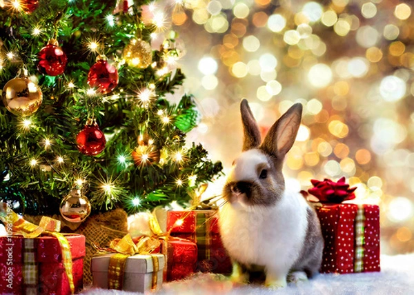 Fototapeta A rabbit surrounded by a Christmas tree and gift boxes