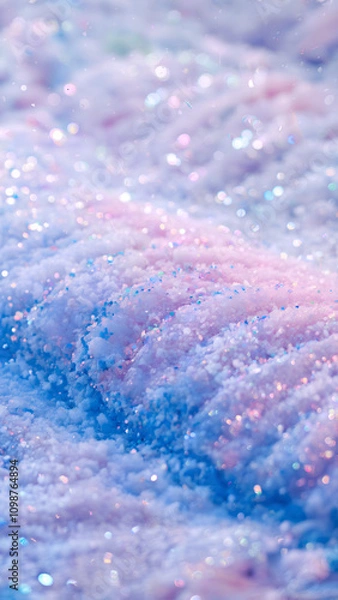 Fototapeta A close-up macro photo of a glittery snow surface with  a shimmering effect. The colors range from soft pastels to vibrant hues, with a predominant blue and pink.