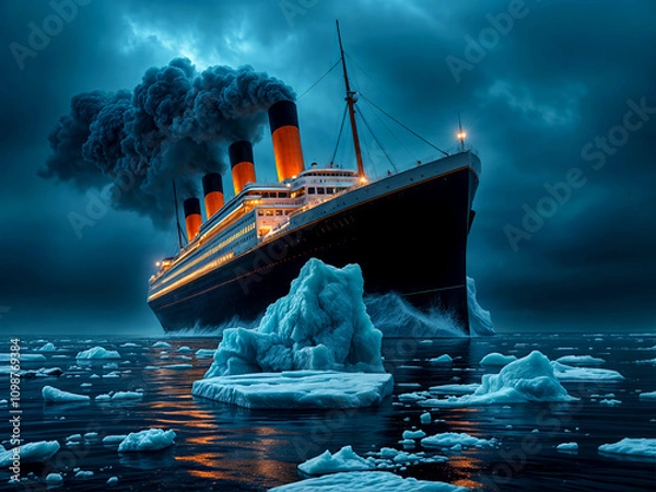 Fototapeta Image of the Catastrophic Titanic Ship Starting to Hit the Iceberg which Sank it