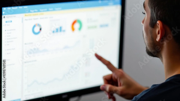 Obraz a man pointing at a computer screen displaying a dashboard