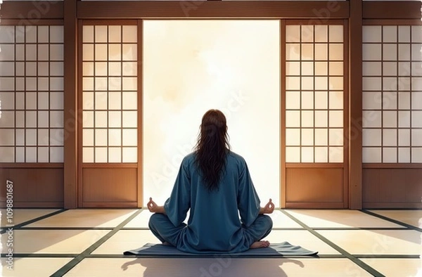 Fototapeta A serene woman meditating in a traditional Japanese-style tatami room, seated on a yoga mat, facing a shoji window with soft natural light, symbolizing mindfulness and inner peace