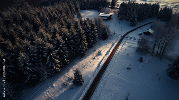 Obraz aerial view of snow-covered evergreen forest in winter