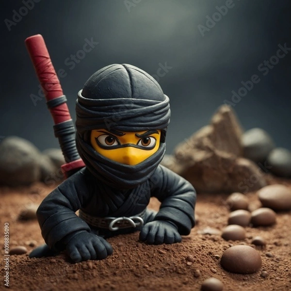 Fototapeta A stealthy ninja moves silently through a clay world, where every step is a new challenge