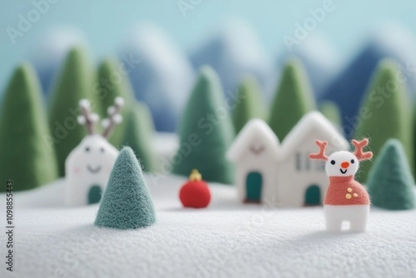 Obraz Paisagem de natal em miniatura com Papai Noel, renas e pinheiros cobertos de neve, estilo lúdico e colorido, criado por IA generativa.