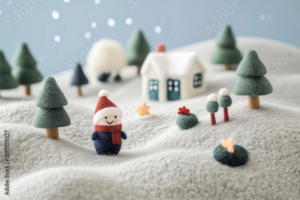 Obraz Paisagem de natal em miniatura com Papai Noel, renas e pinheiros cobertos de neve, estilo lúdico e colorido, criado por IA generativa.