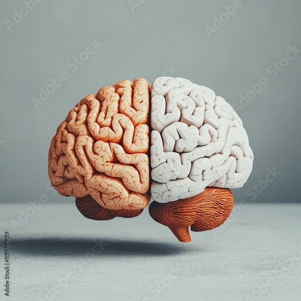 Obraz A stylized brain model features distinct halves, one orange and textured, the other smooth and white, symbolizing creativity and logic.