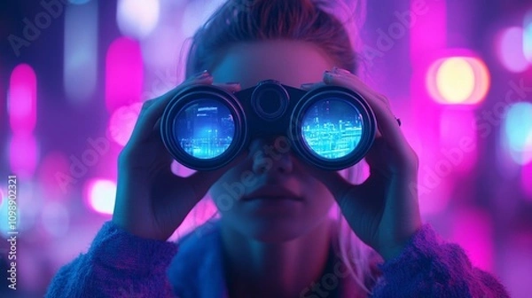 Fototapeta Futuristic traveler observes vibrant cityscape with high-tech binoculars at night