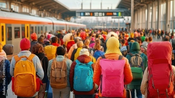 Obraz A traveler with a bright orange backpack and suitcase walking through a busy terminal, symbolizing journeys and new beginnings on International Migrants Day.